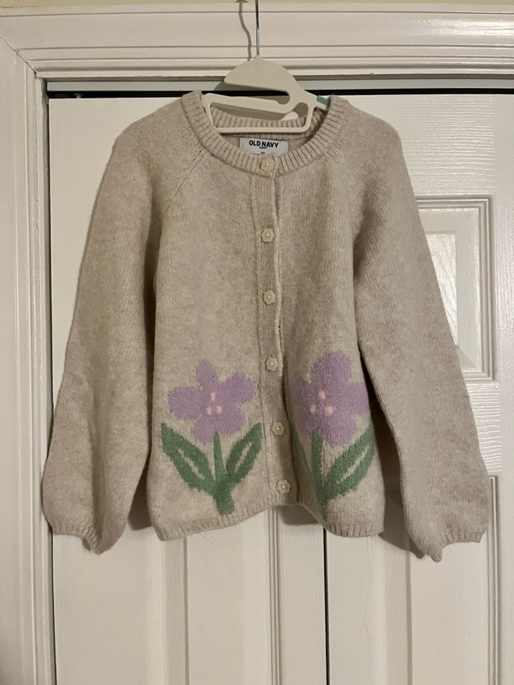 Old Navy Cream Cardigan with Lavender Flower Motif